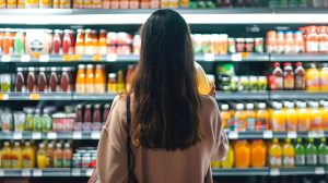 Woman stands in front of beverage options at store and is invited to rethink your drink